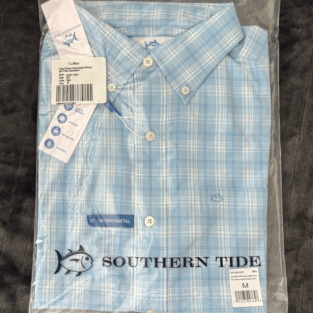 Southern Tide Muscogee Plaid Intercoastal Longsleeve Sport Shirt Clearwater Blue